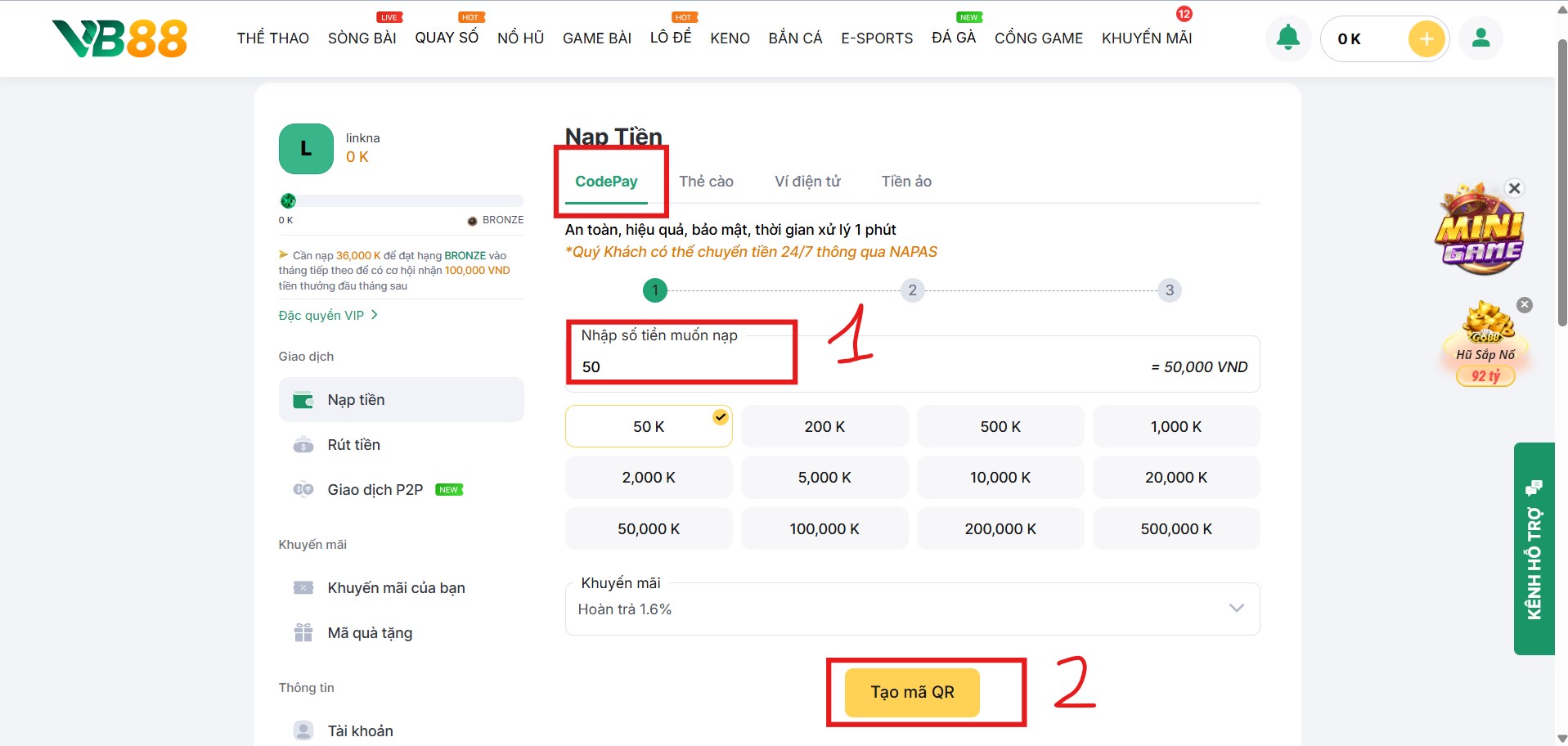 Nạp tiền VB88 qua CODEPAY