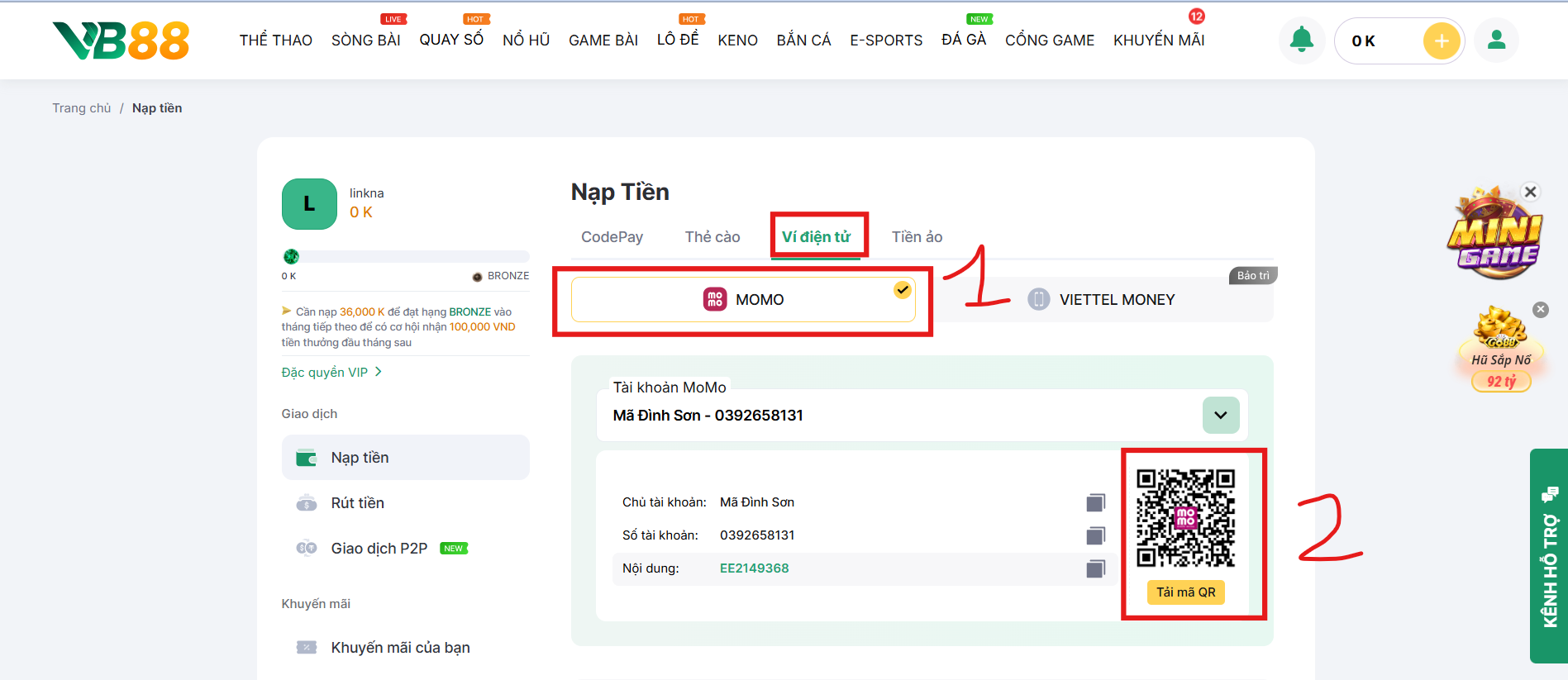 Nạp tiền vào tài khoản VB88 bằng ví điện tử